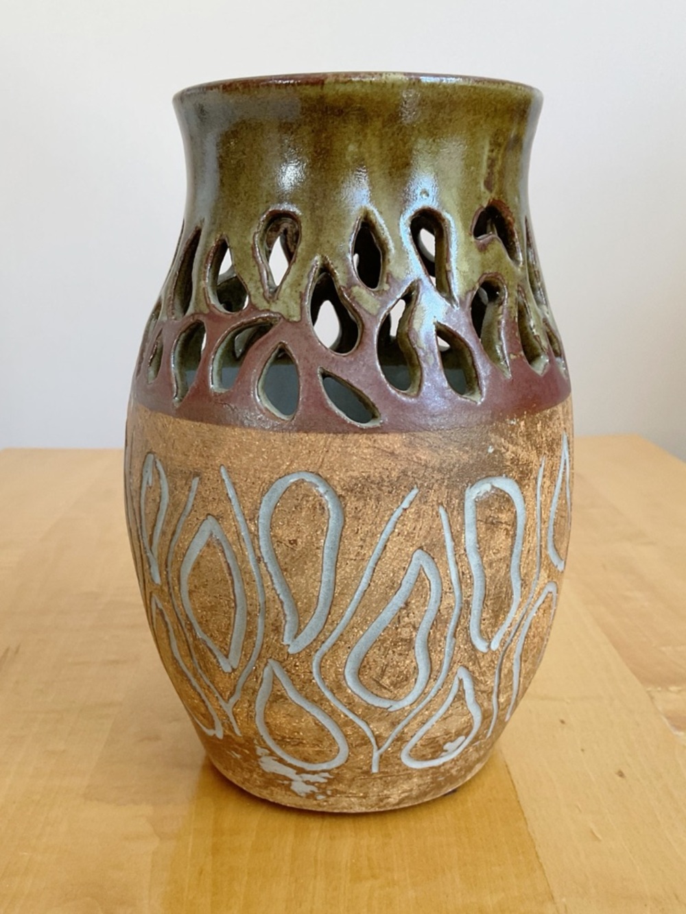 Vintage Signed Studio Pottery Pierced Art Vase Handmade Ceramic 8” Brutalist